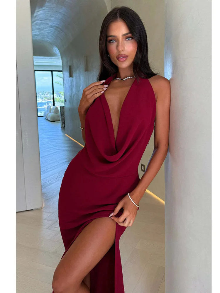 Articat Sexy Deep V-neck High Slit Backless Party Dress