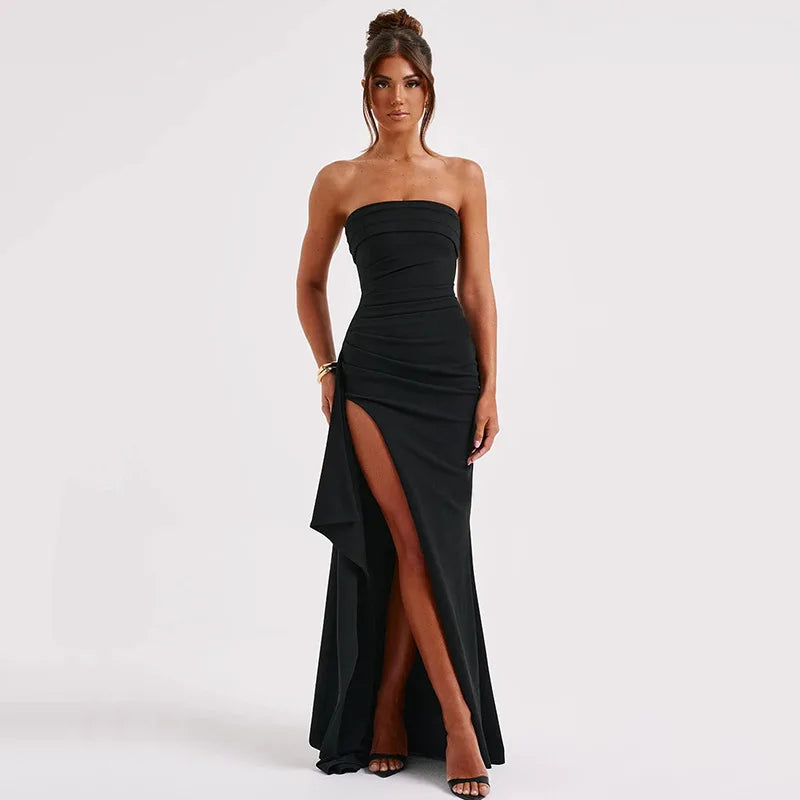 Black Off-shoulder Strapless Backless High Split Maxi Dress