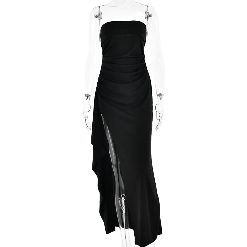 Black Off-shoulder Strapless Backless High Split Maxi Dress