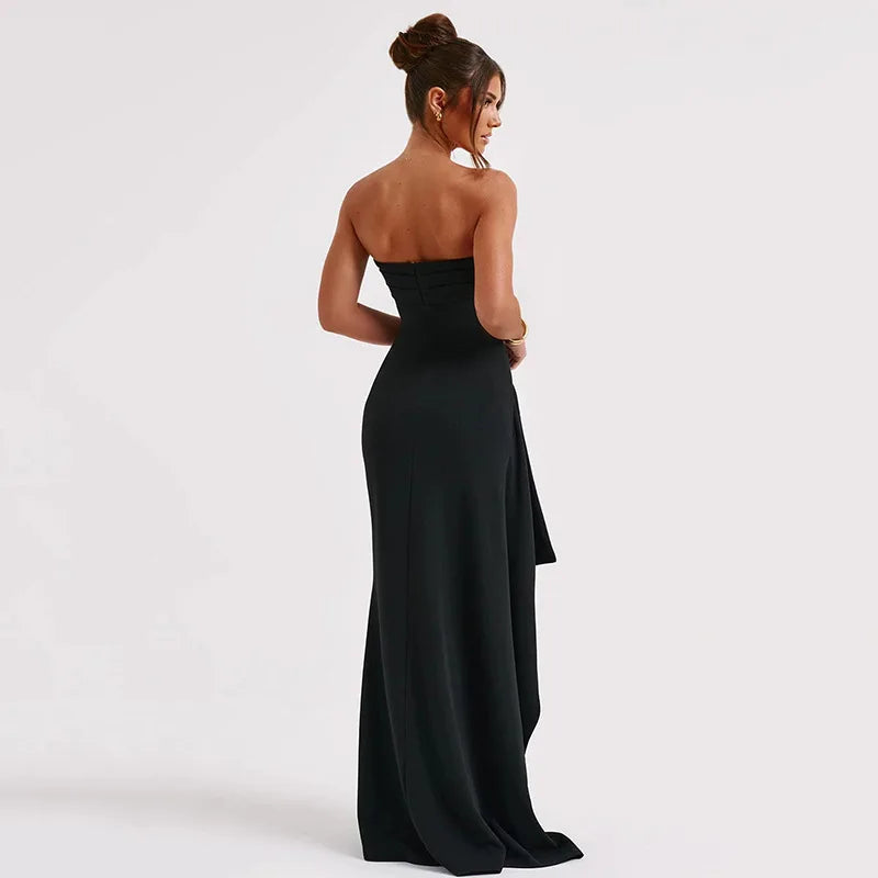 Black Off-shoulder Strapless Backless High Split Maxi Dress