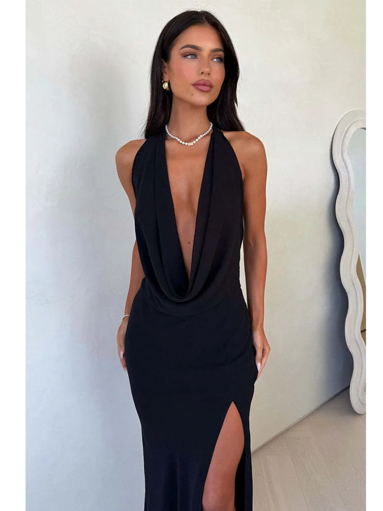 Articat Sexy Deep V-neck High Slit Backless Party Dress