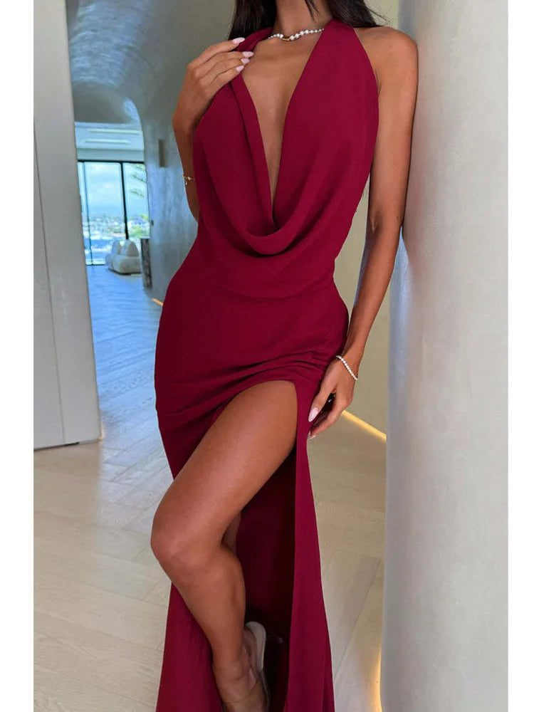 Articat Sexy Deep V-neck High Slit Backless Party Dress