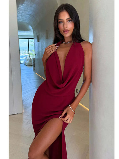 Articat Sexy Deep V-neck High Slit Backless Party Dress