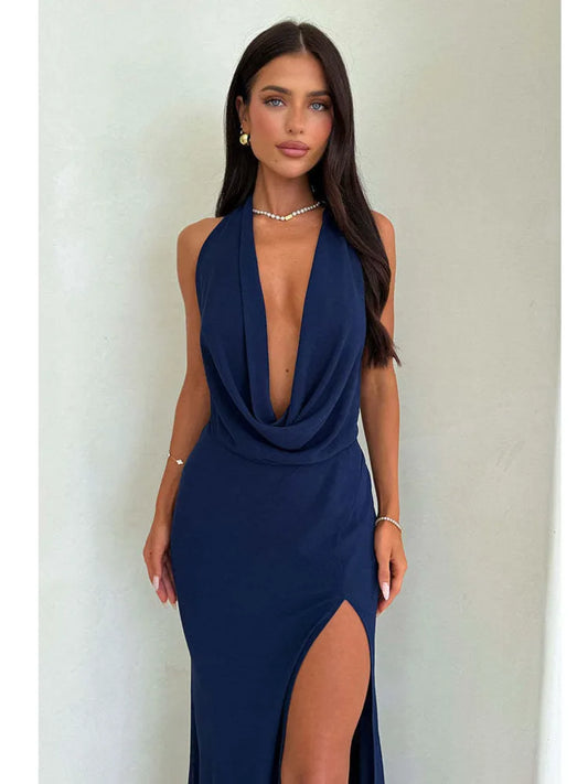 Articat Sexy Deep V-neck High Slit Backless Party Dress
