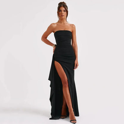 Black Off-shoulder Strapless Backless High Split Maxi Dress