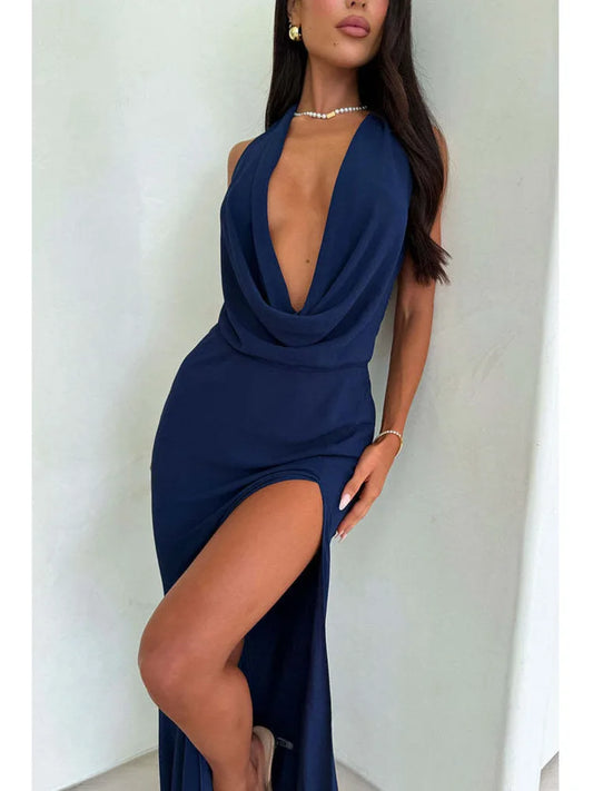 Articat Sexy Deep V-neck High Slit Backless Party Dress